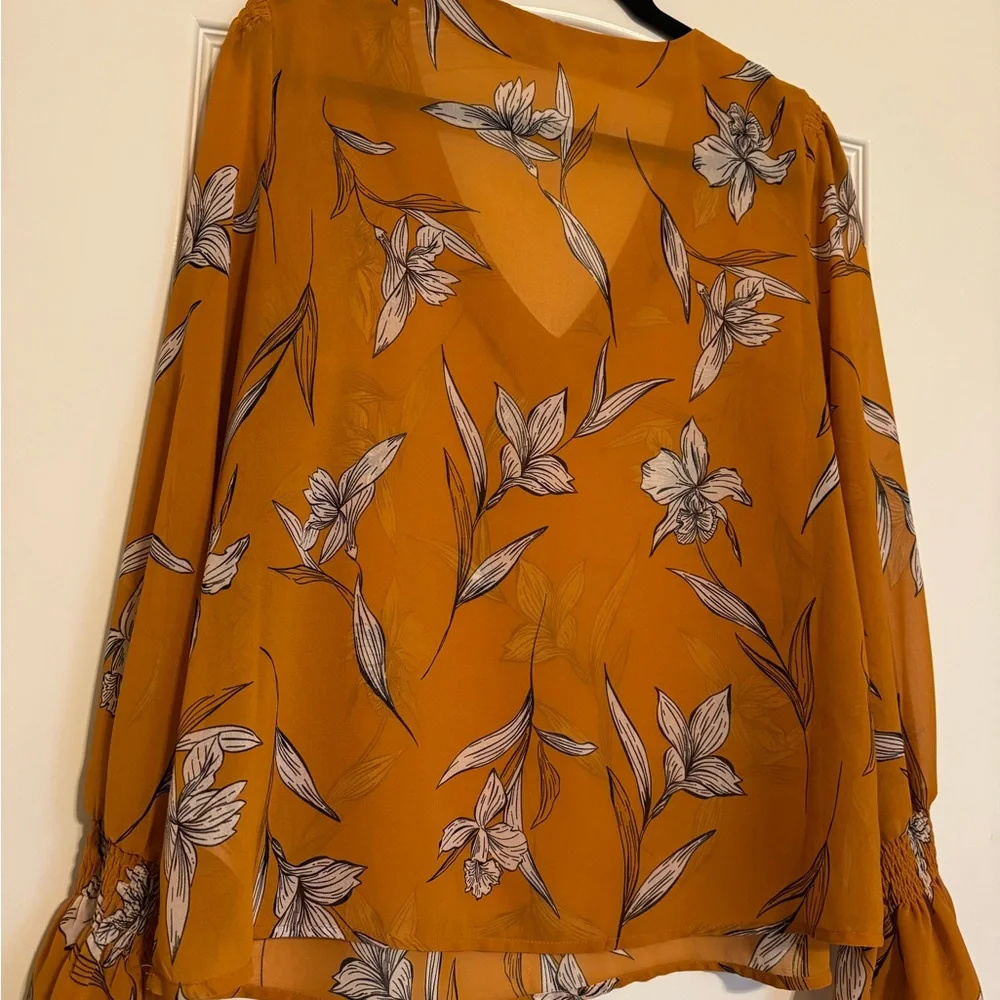 A New Day Mustard Floral Sleeve Blouse/ Sheer - Picture 7 of 10